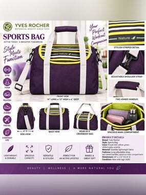 YVES ROCHER SPORTY GYM BAG - PURPLE (NEW WITH TAGS) A30